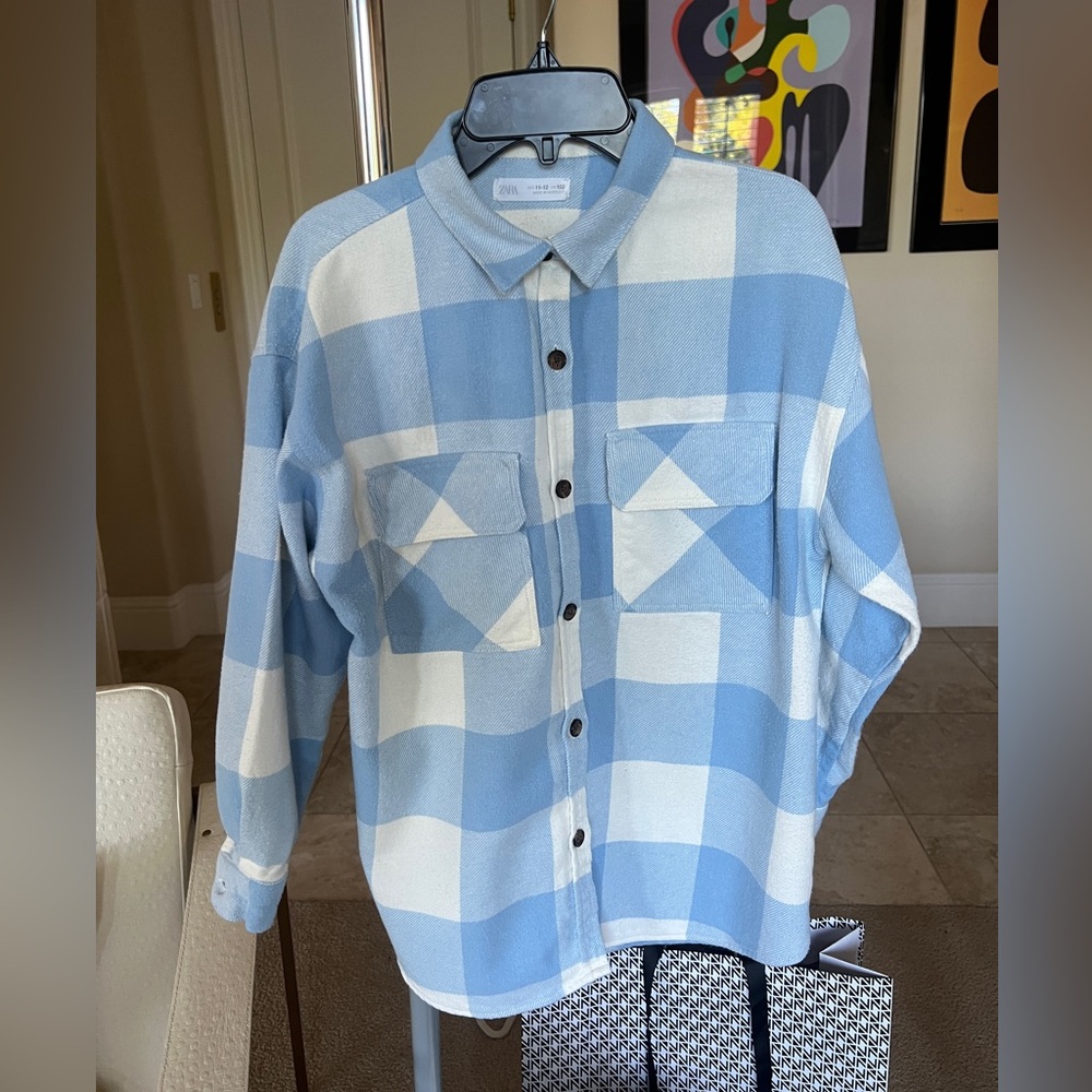 Zara Blue White Checkered Shirt -  Size 11-12. Runs big/Fits Woman XS